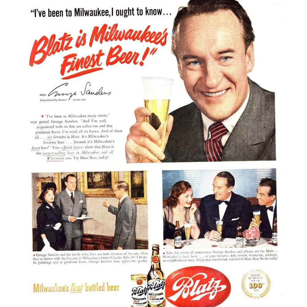 1951 Blatz Beer Milwaukee Vintage Print Ad George Sanders Man Cave 50s Wall Art